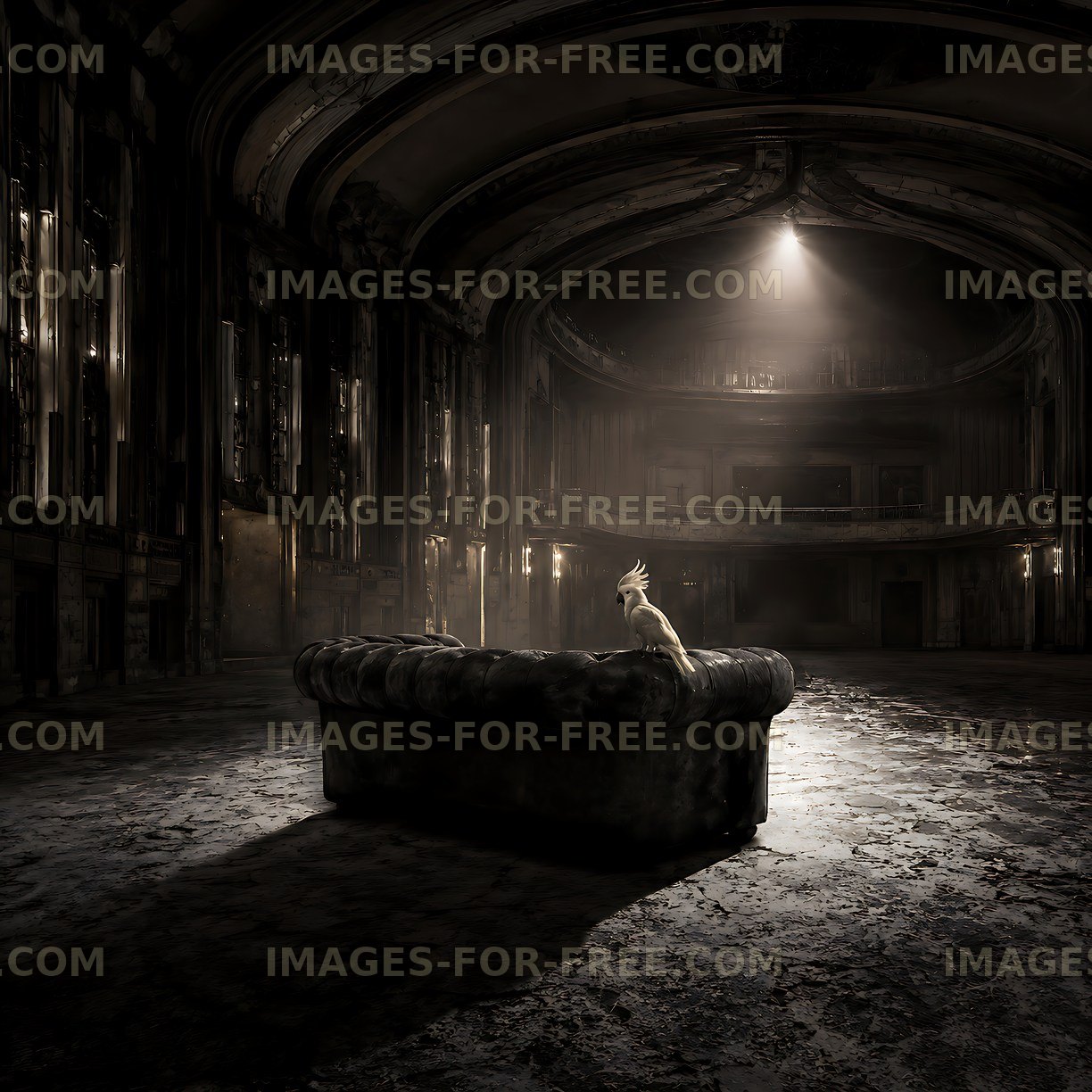 Abandoned theater with a couch and a bird under dim lighting