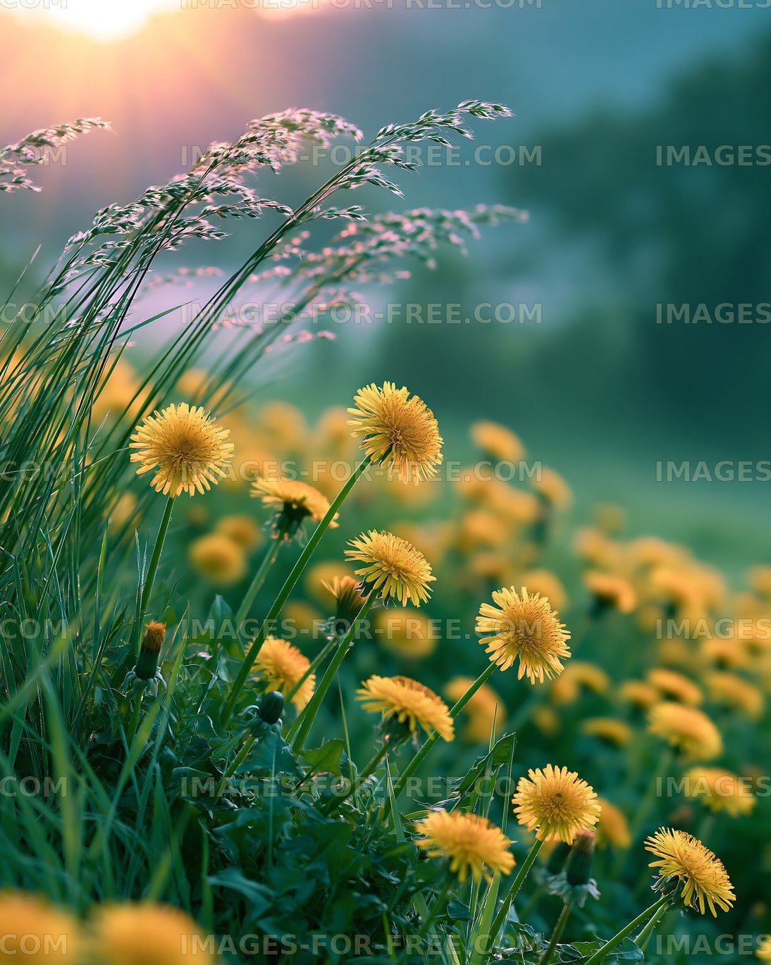 Yellow dandelions blooming in a green field during sunset