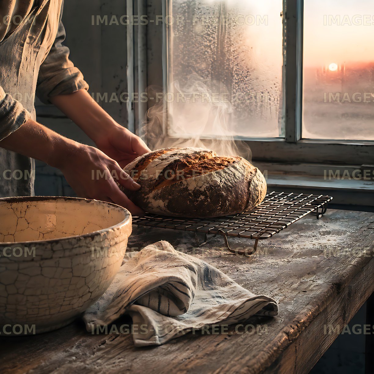 Baker removes fresh bread from oven at sunset