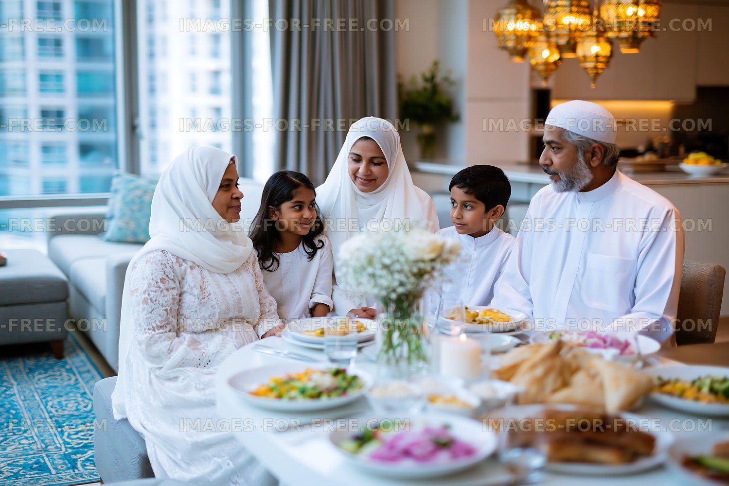 Family gathering during meal in a modern dining room