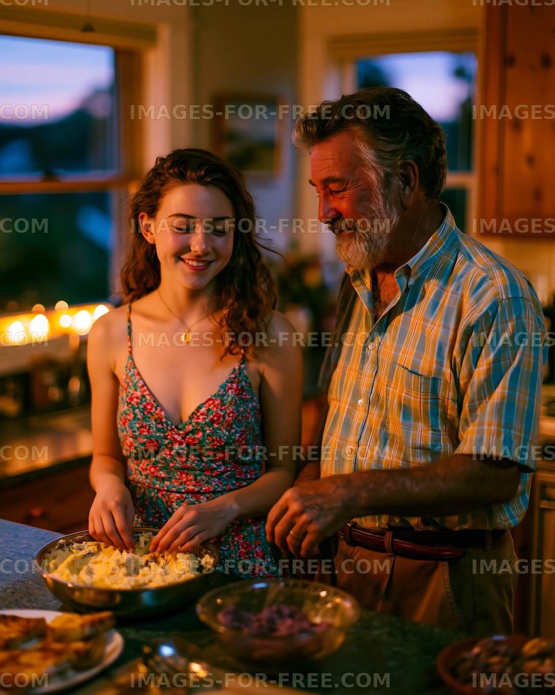 Cooking together in the kitchen during evening hours
