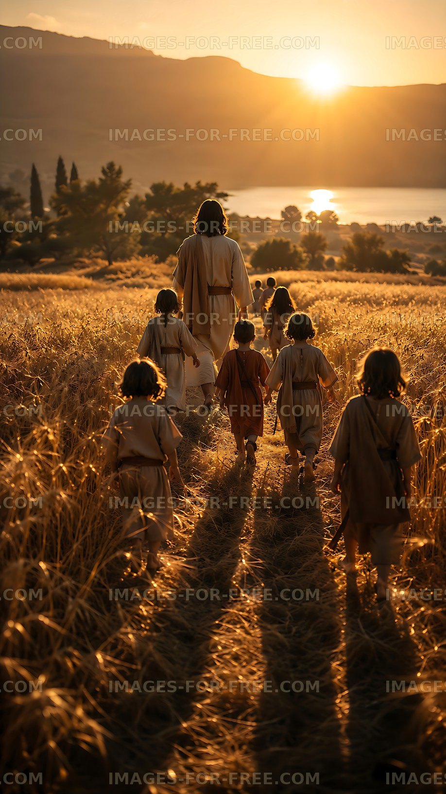 Walking in a field at sunset with children