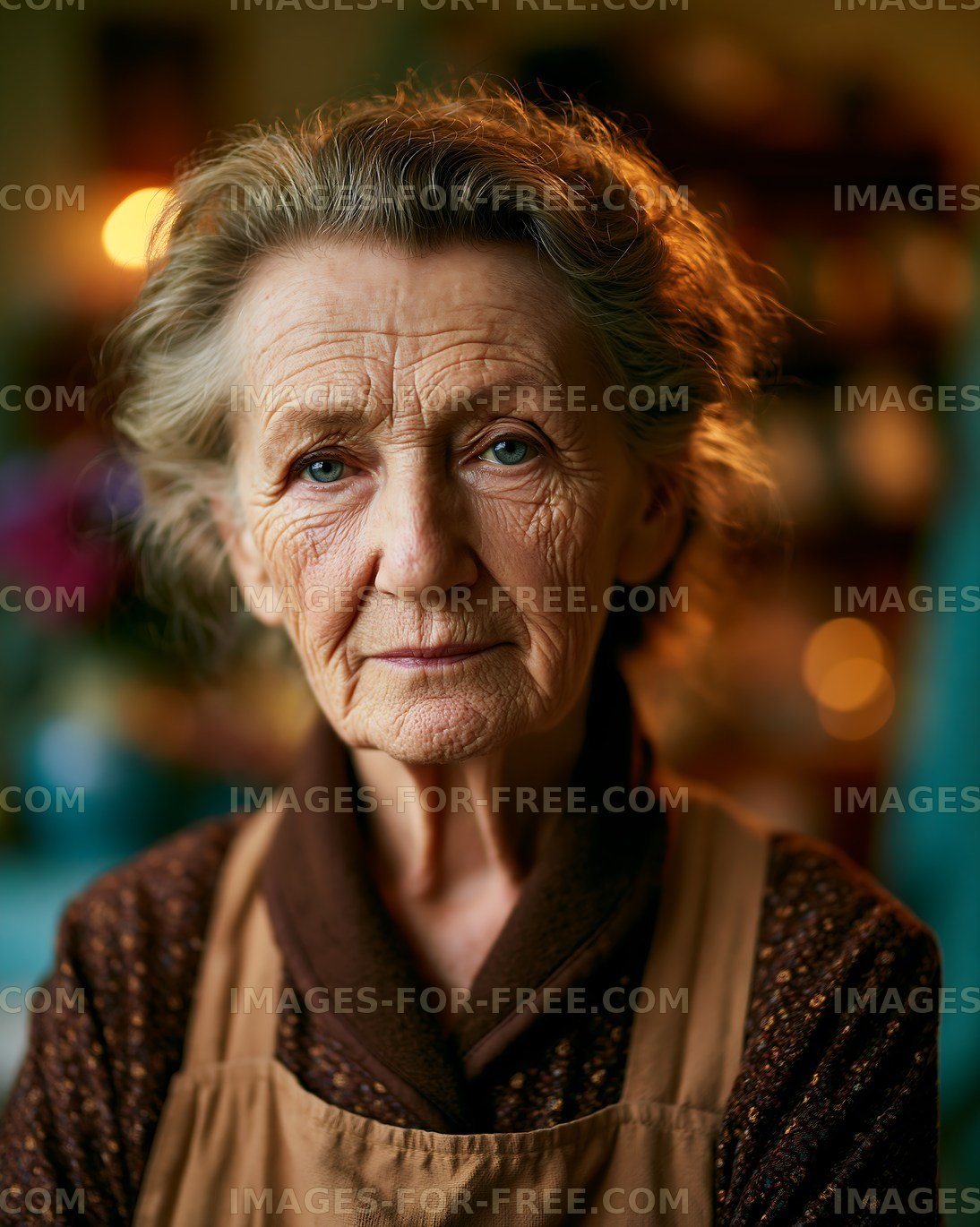 Elderly woman with gray hair wearing an apron