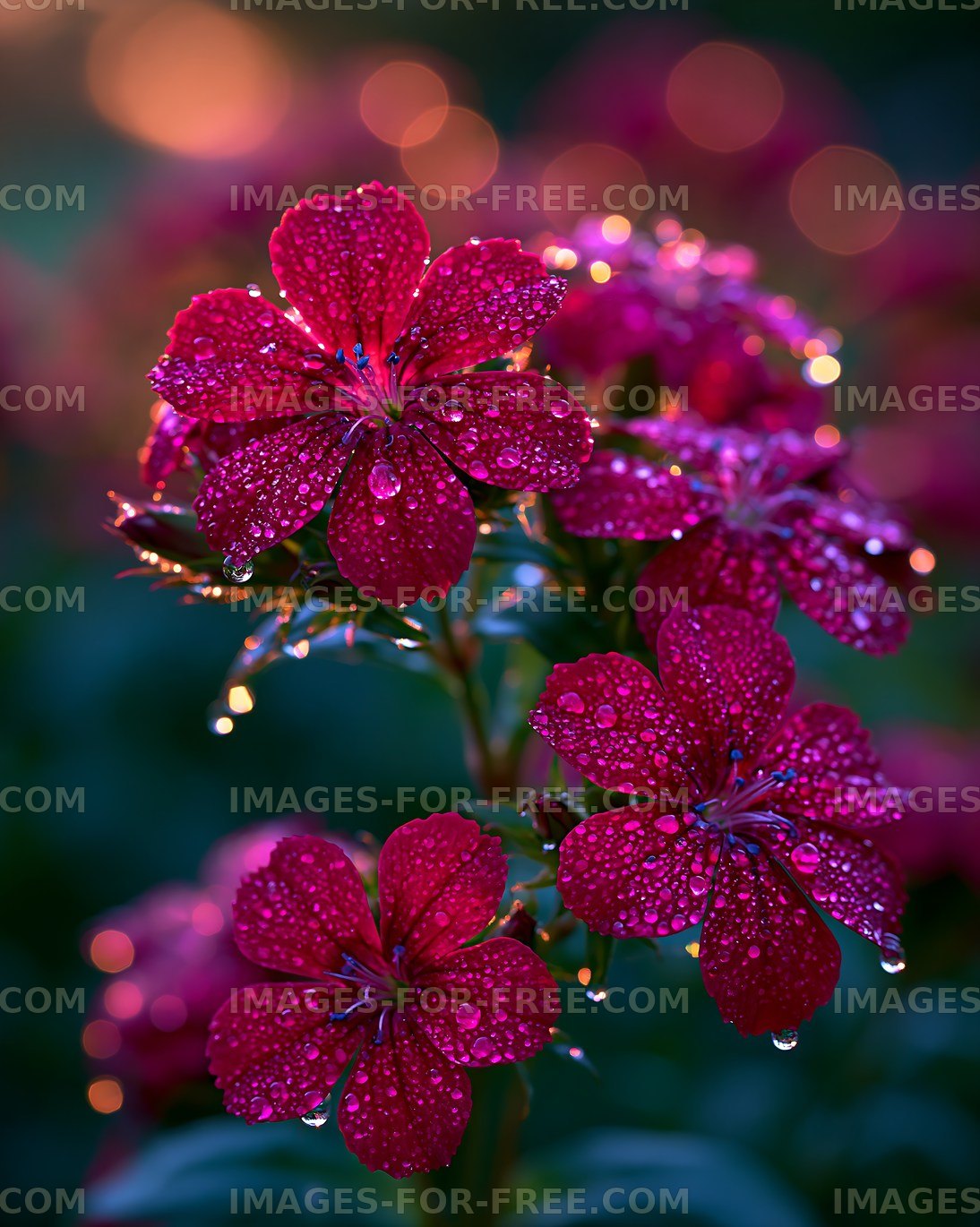 Pink flowers covered in morning dew with sunlight glimmering
