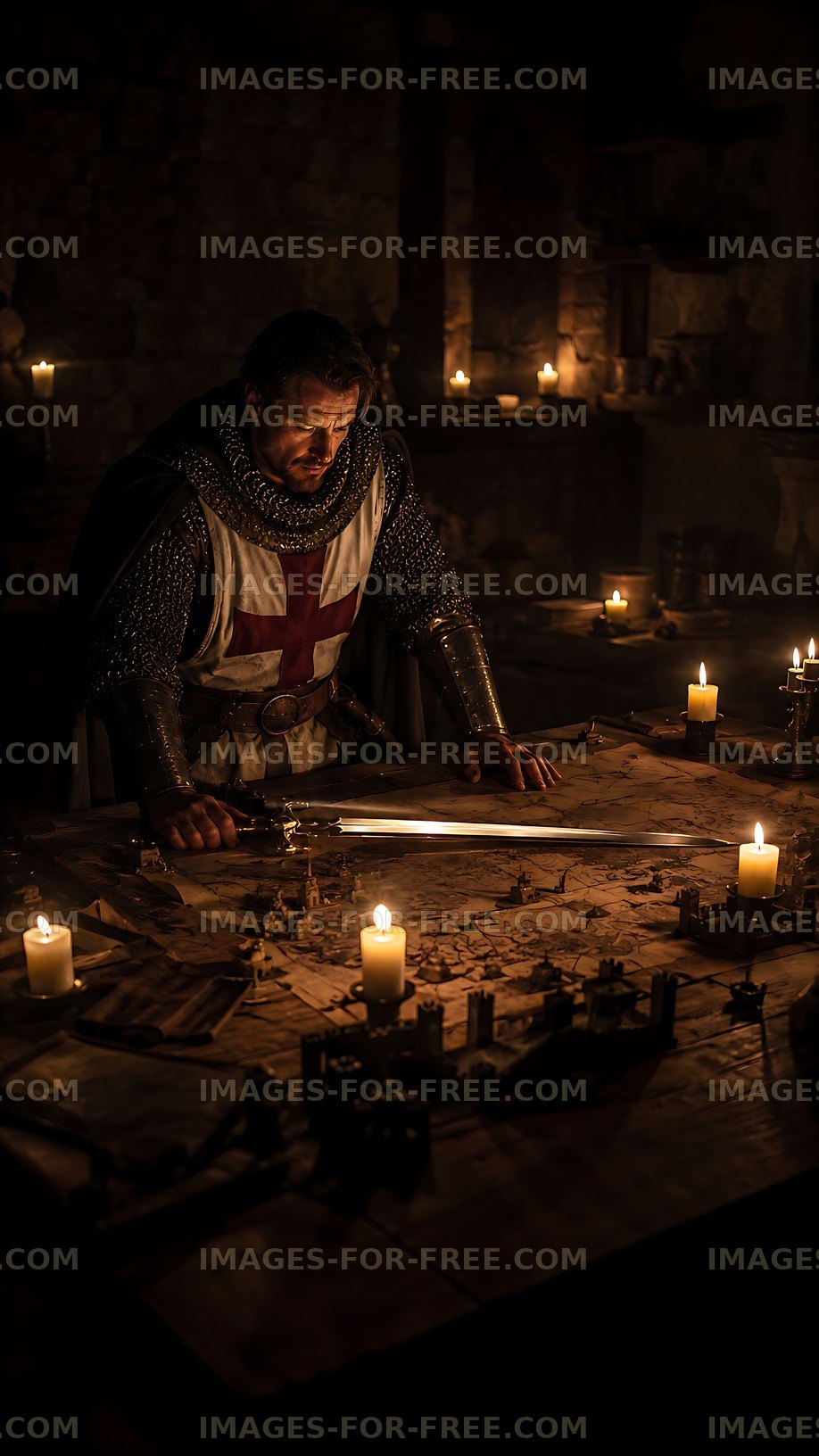 Knight examining a map on a table surrounded by candles