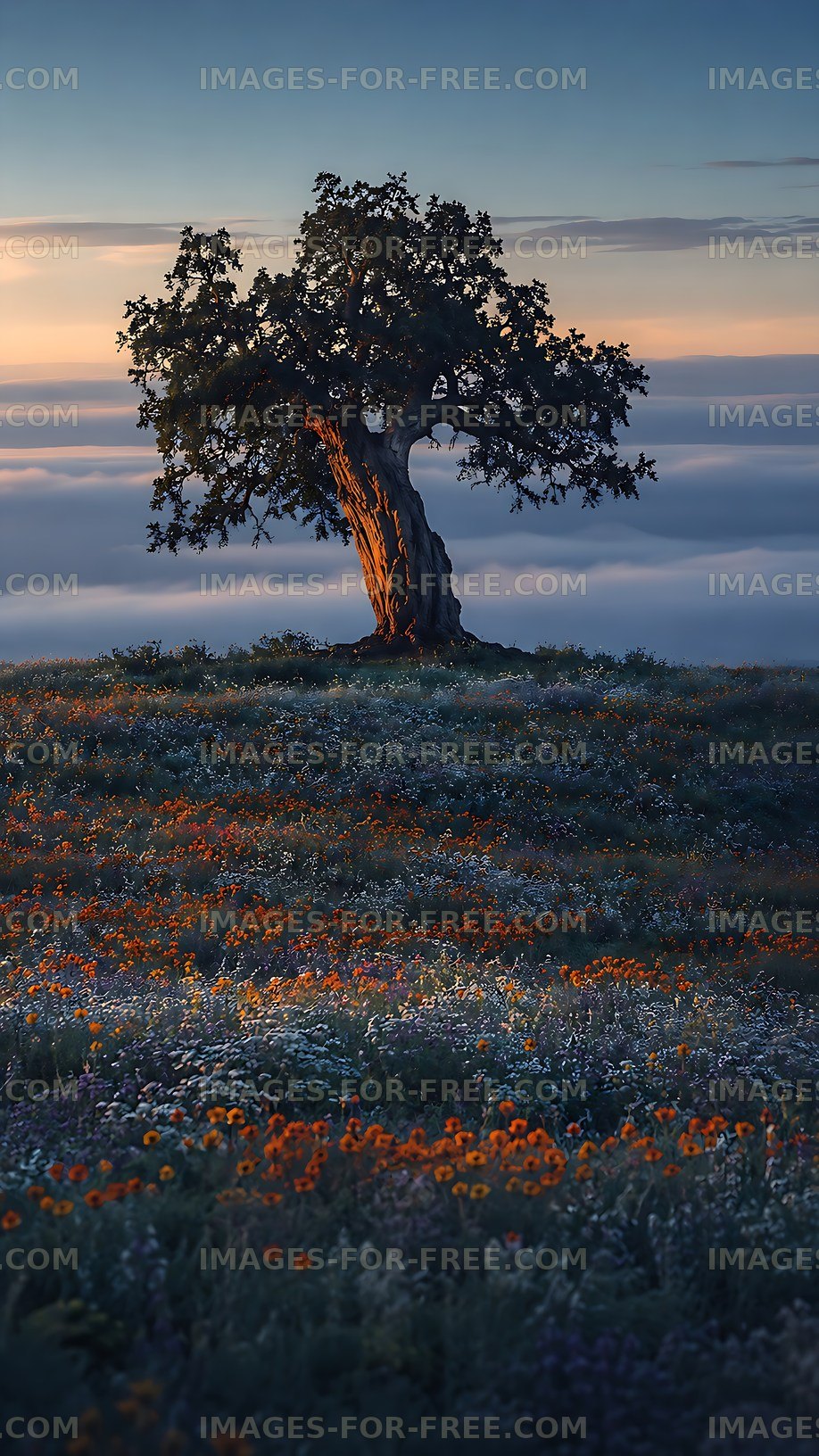 Sunrise over a tree and a field with flowers