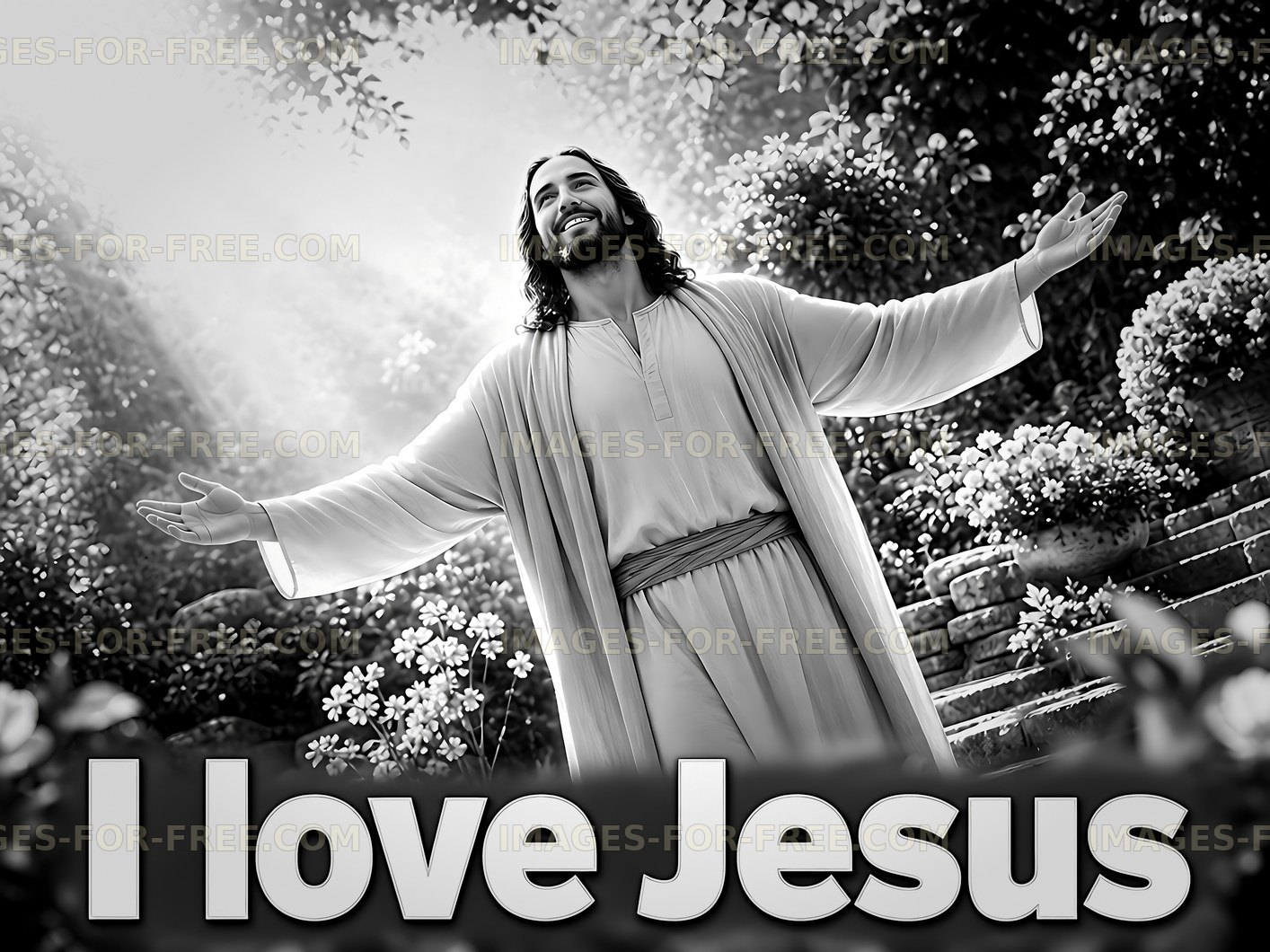 Man with open arms expresses love for Jesus in a garden
