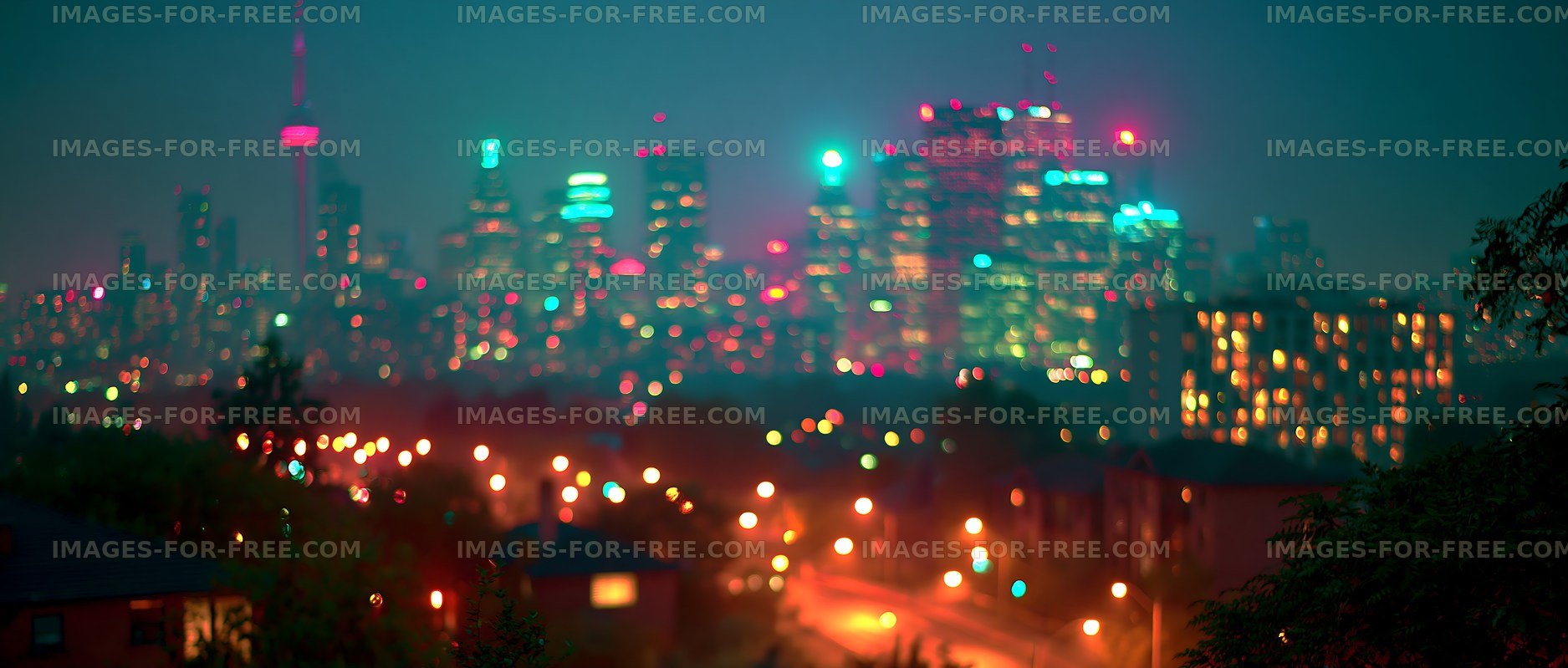 City skyline at night with colorful lights and soft focus