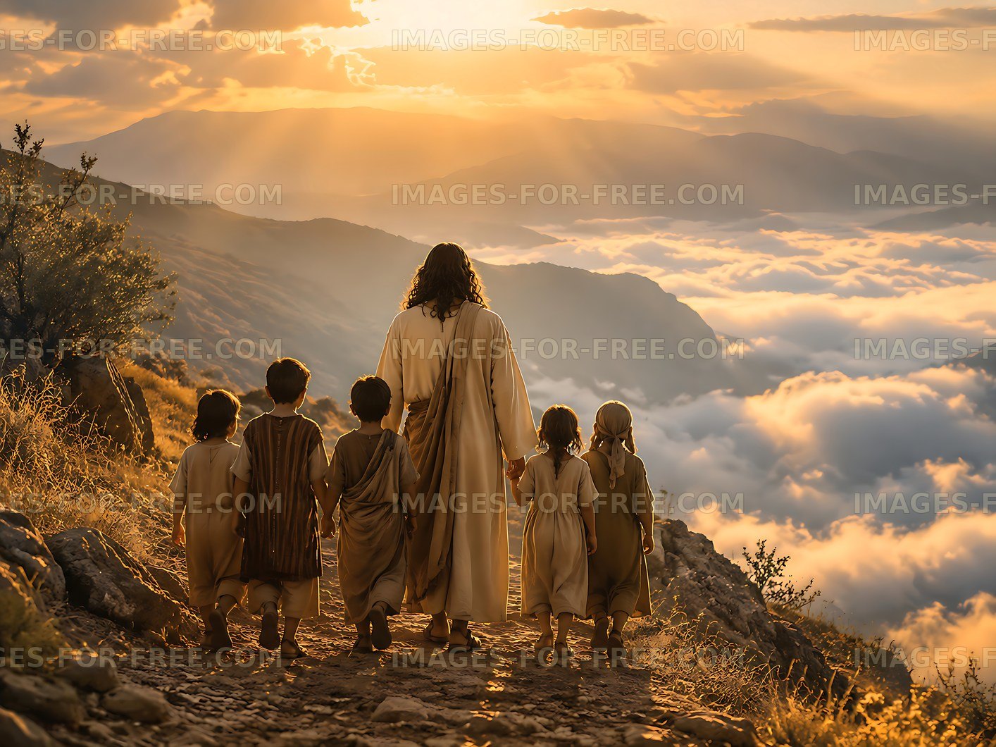 Walking towards the sunset with children on a mountain path
