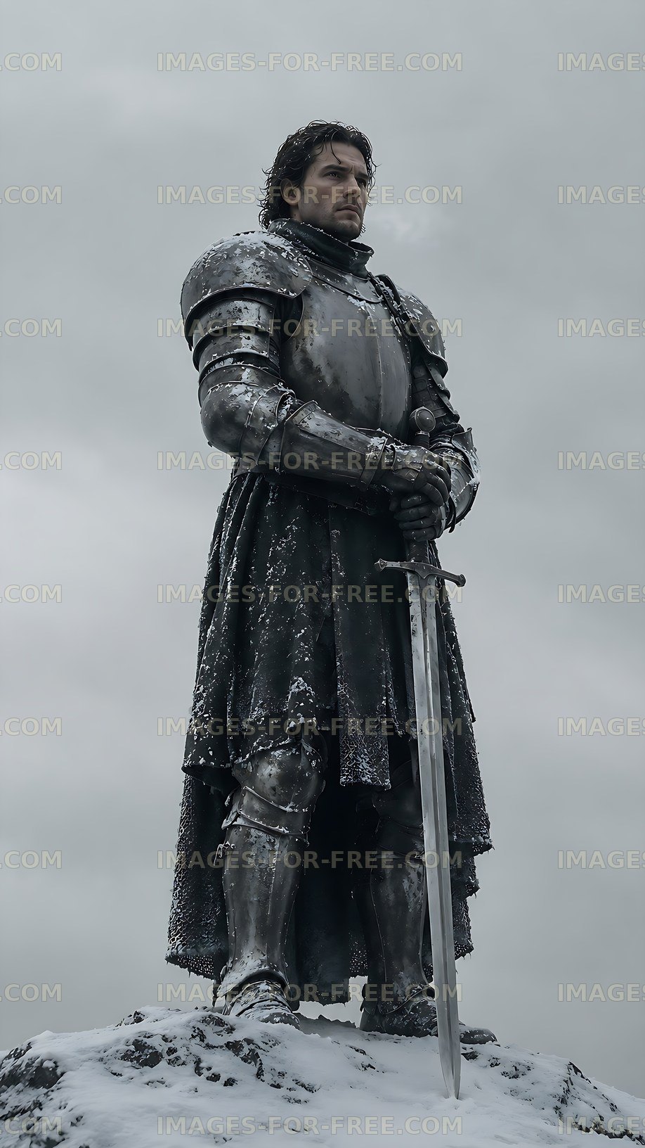 Knight standing on a rocky cliff under cloudy skies