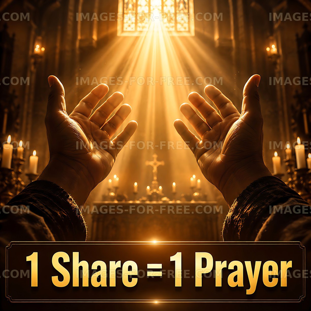 Hands raised in prayer with light beams in a solemn setting