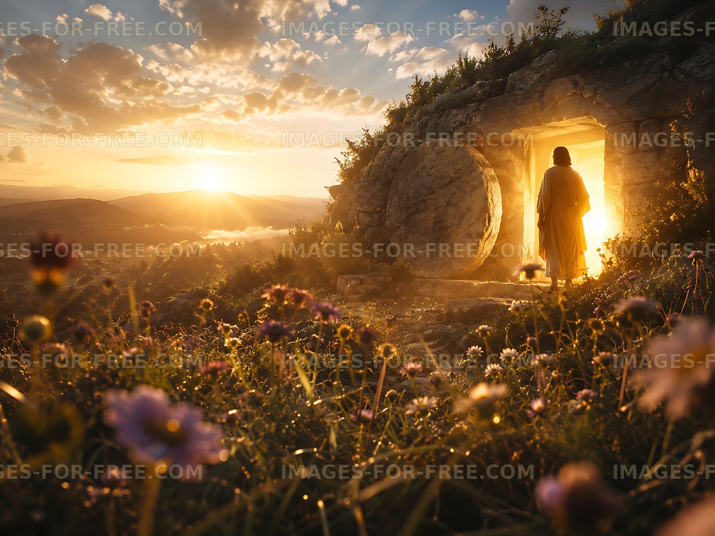 Sunrise near an open tomb with a figure standing outside