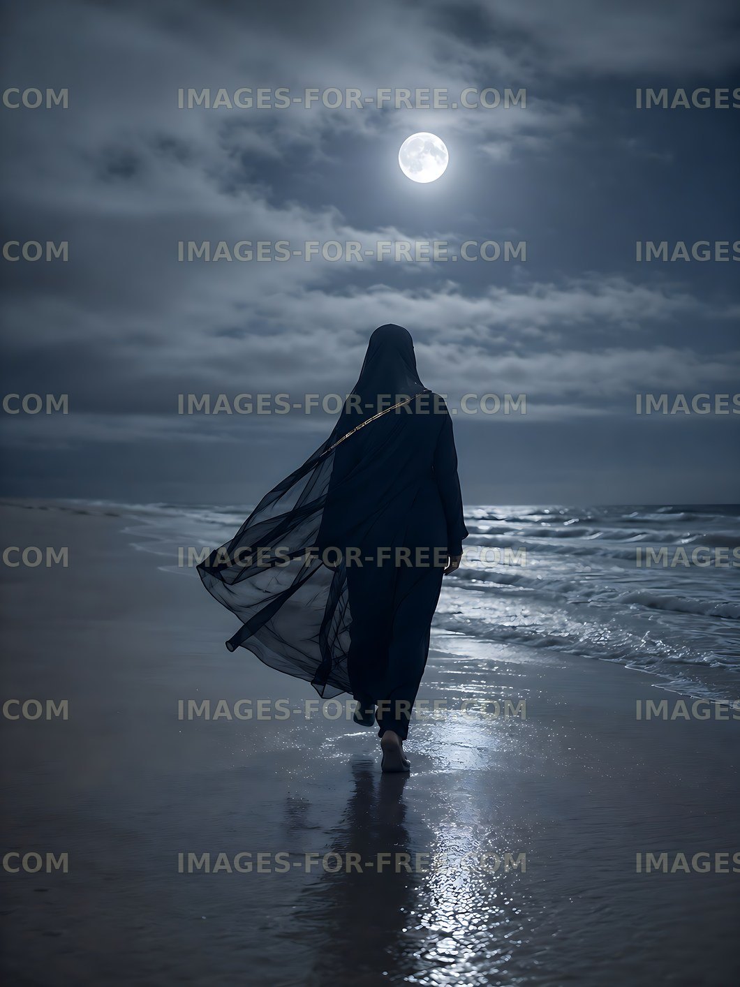 Person walking on beach at night under full moon