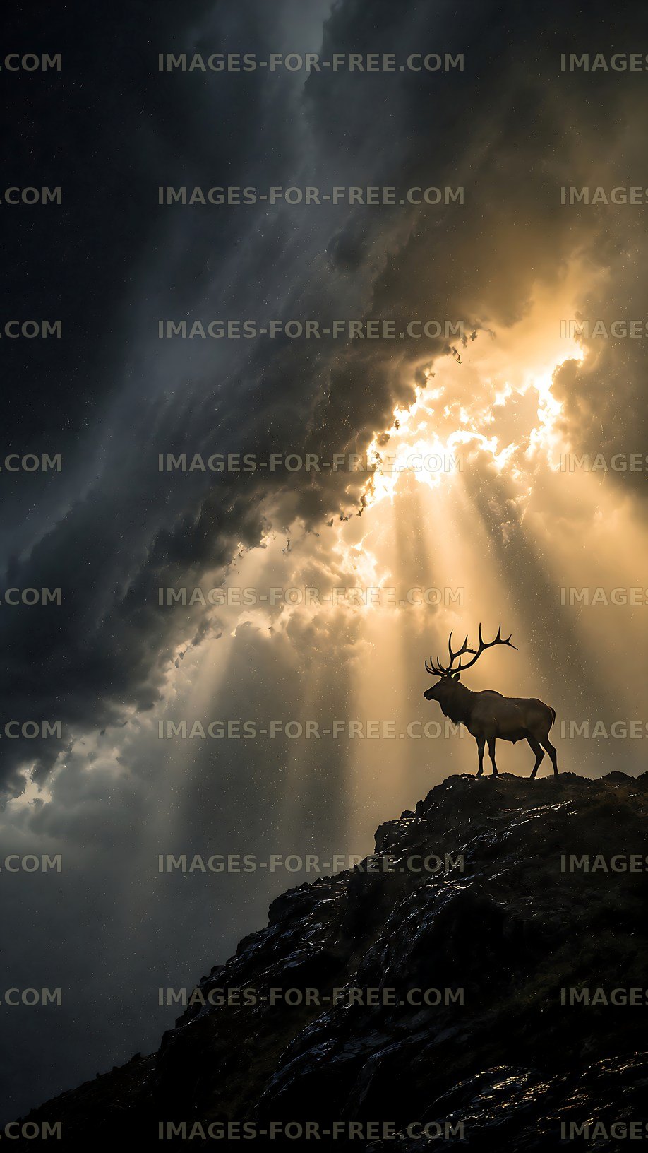 Deer standing on a rock at sunset in a stormy sky
