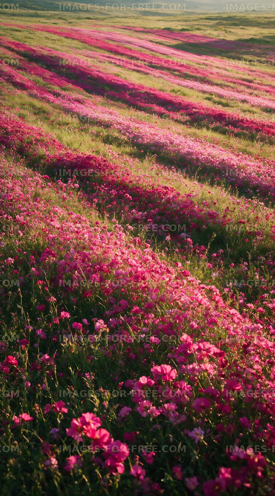 Fields of blooming pink flowers during golden hour