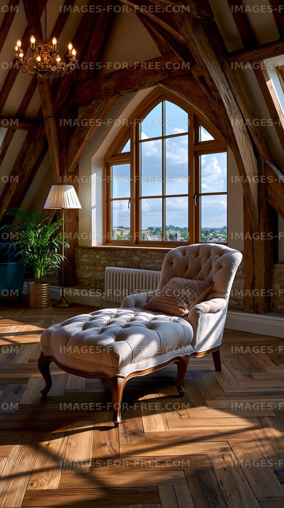 Bright room with stylish chair and large windows