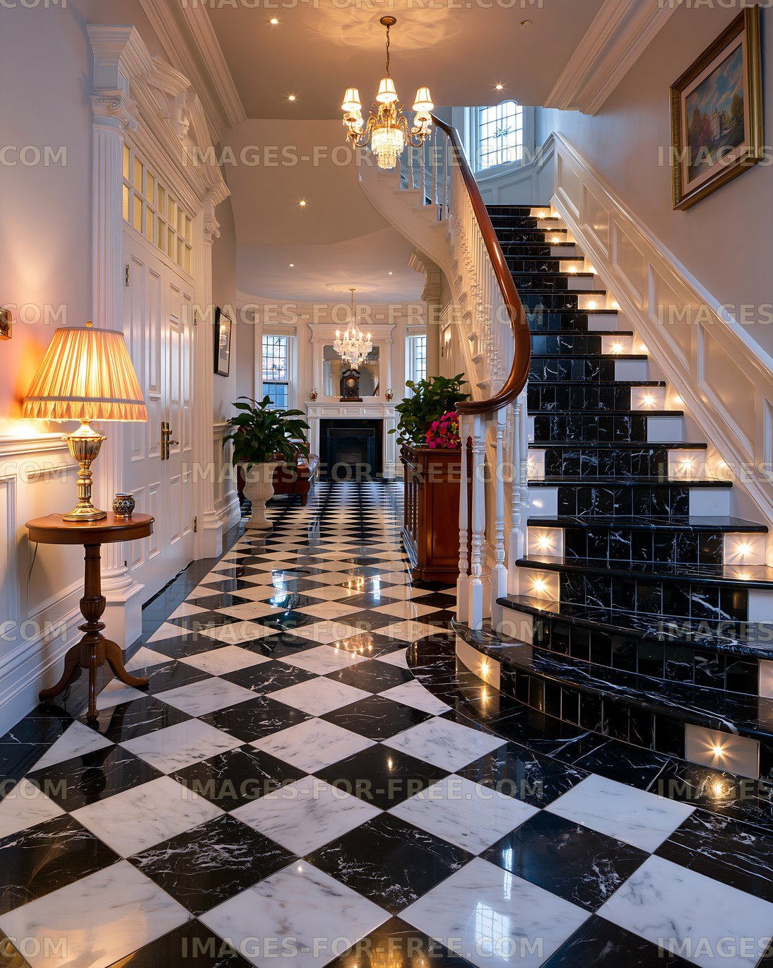 Elegant entrance hall with staircase and checkerboard flooring