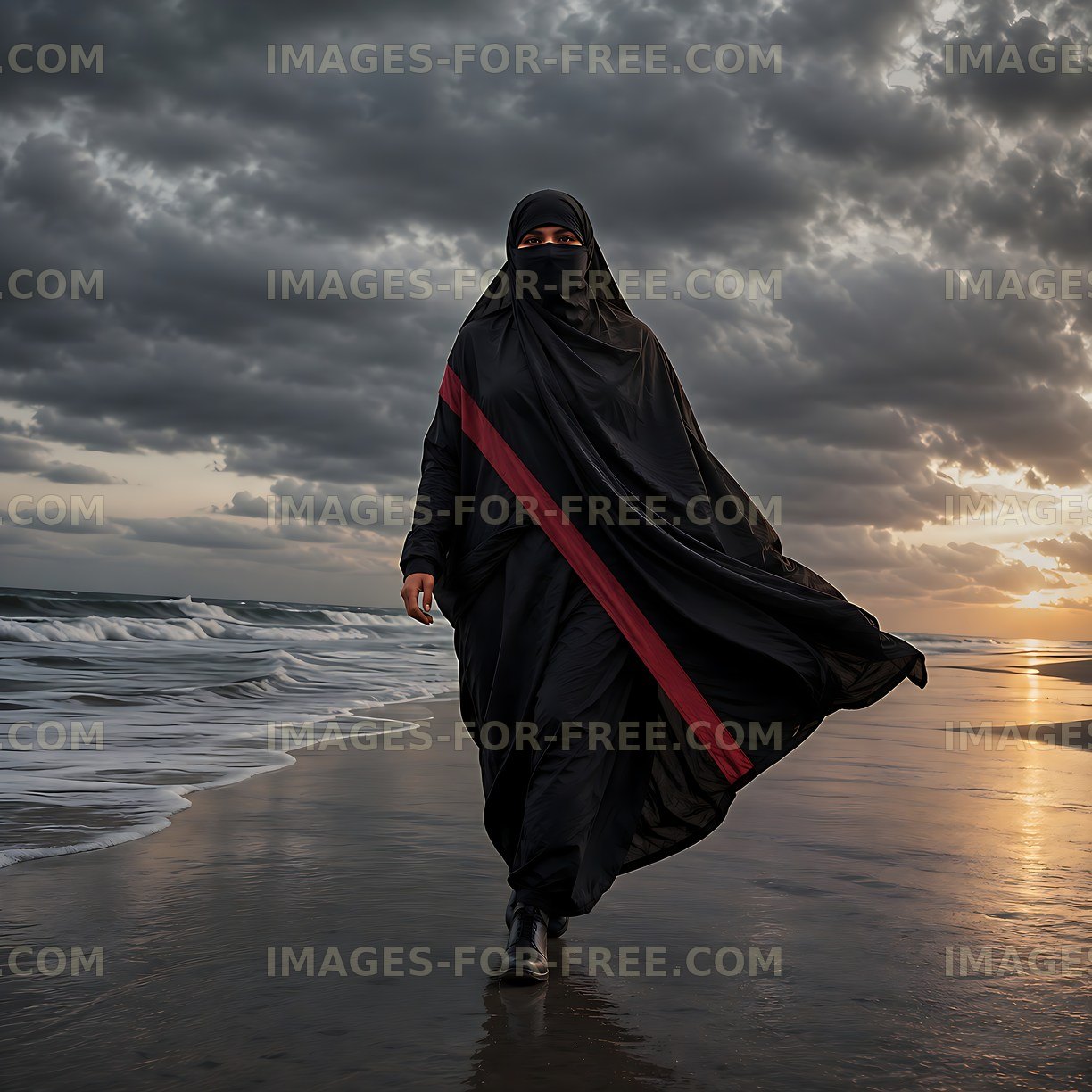 Woman walking on beach at sunset with flowing black attire