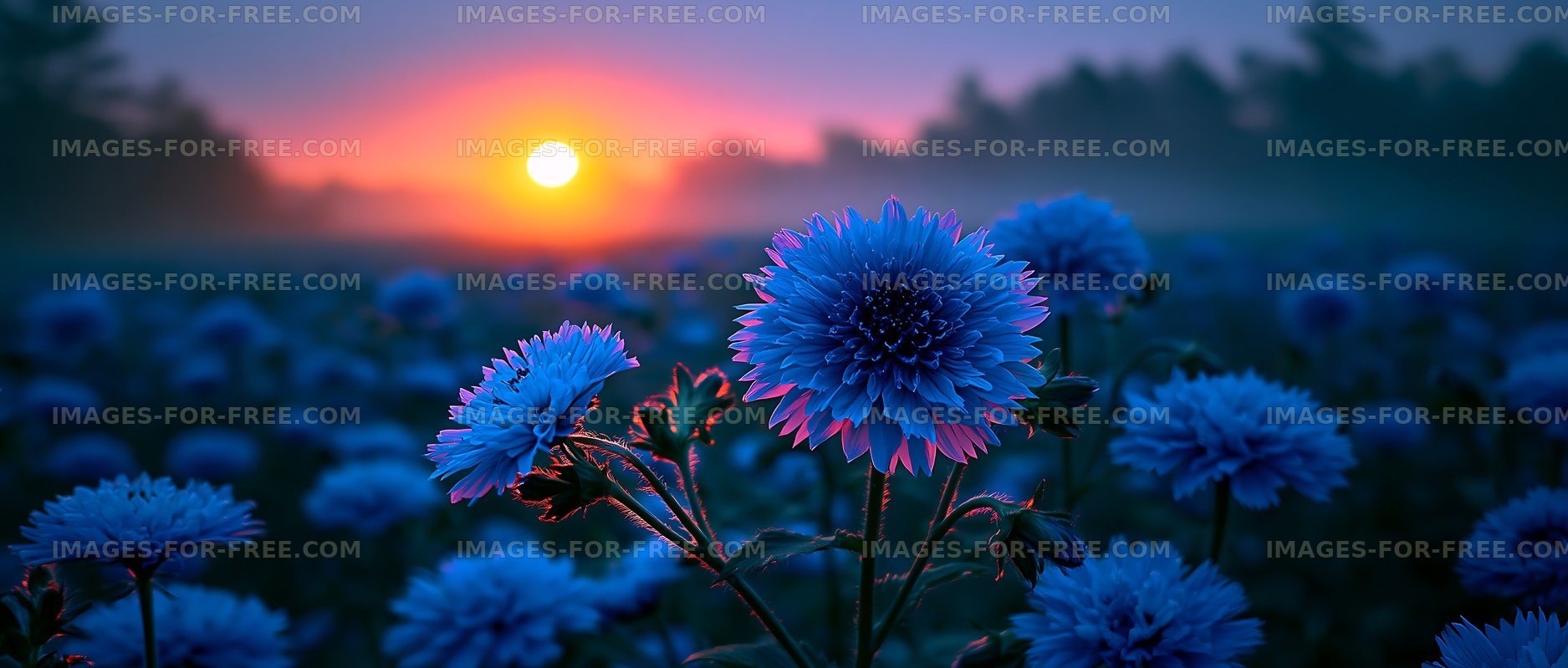 Blue flowers at sunset in a field