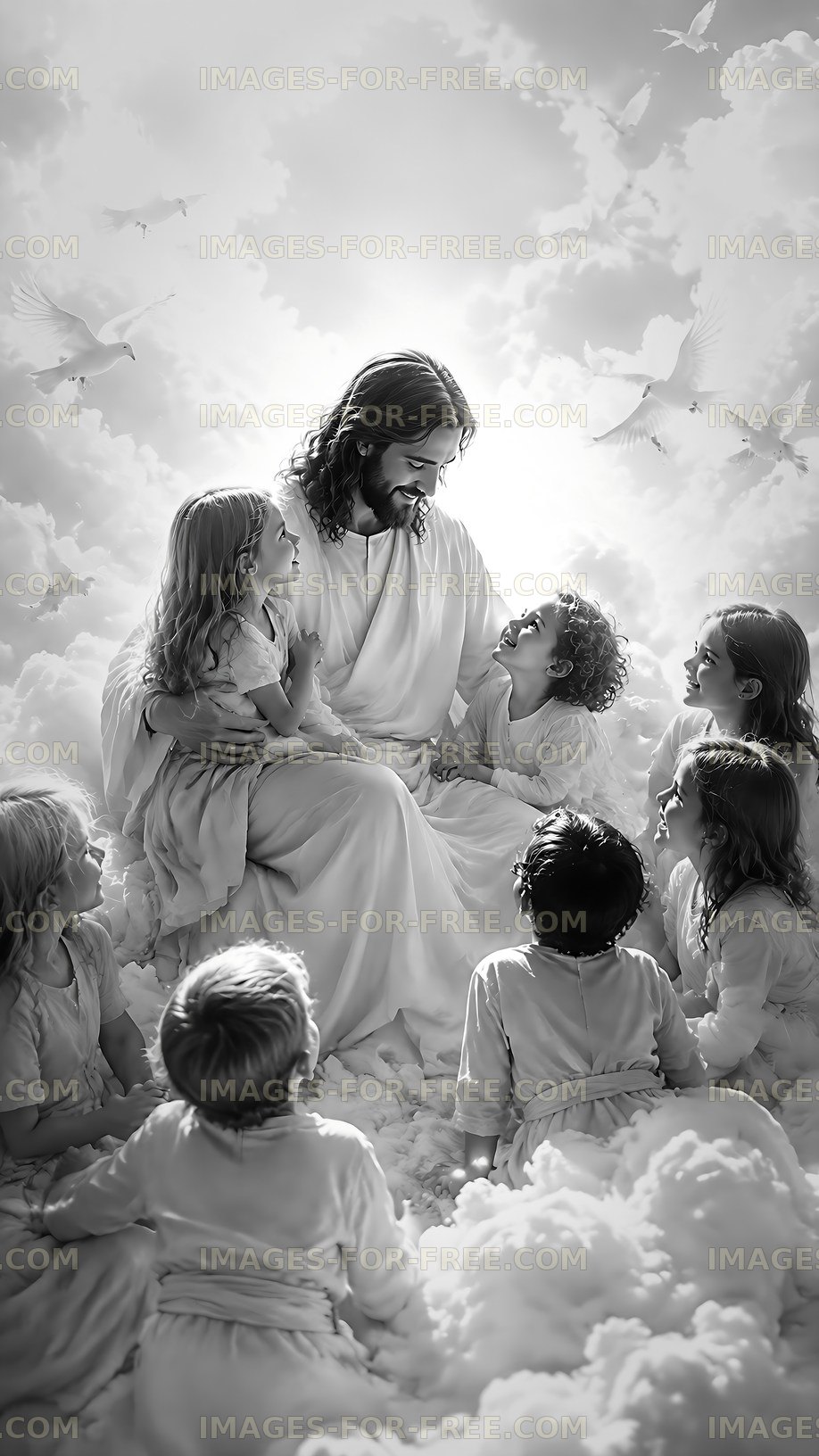 Jesus sitting with children in a cloud setting