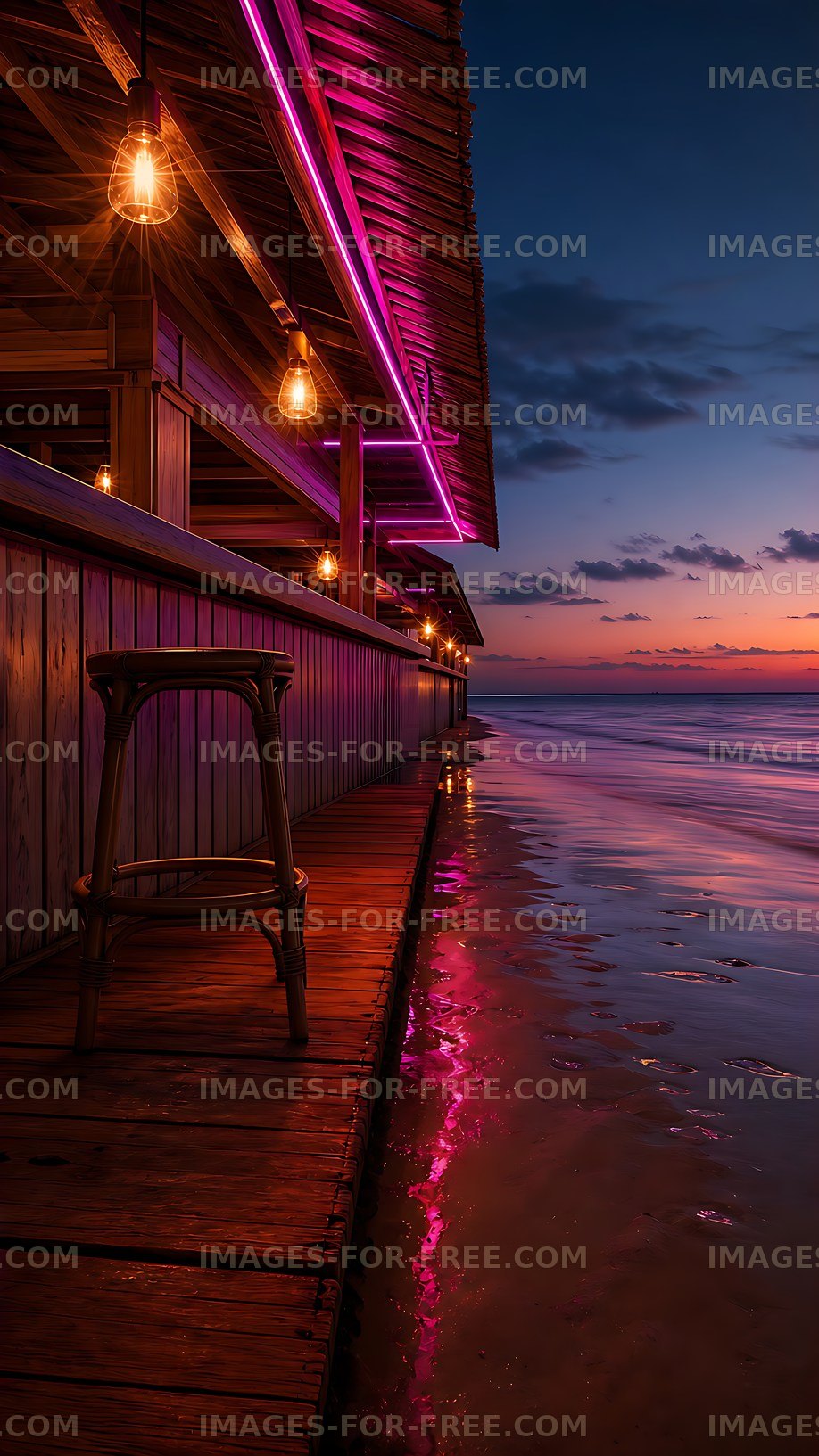 Beachfront bar with colorful lights at sunset