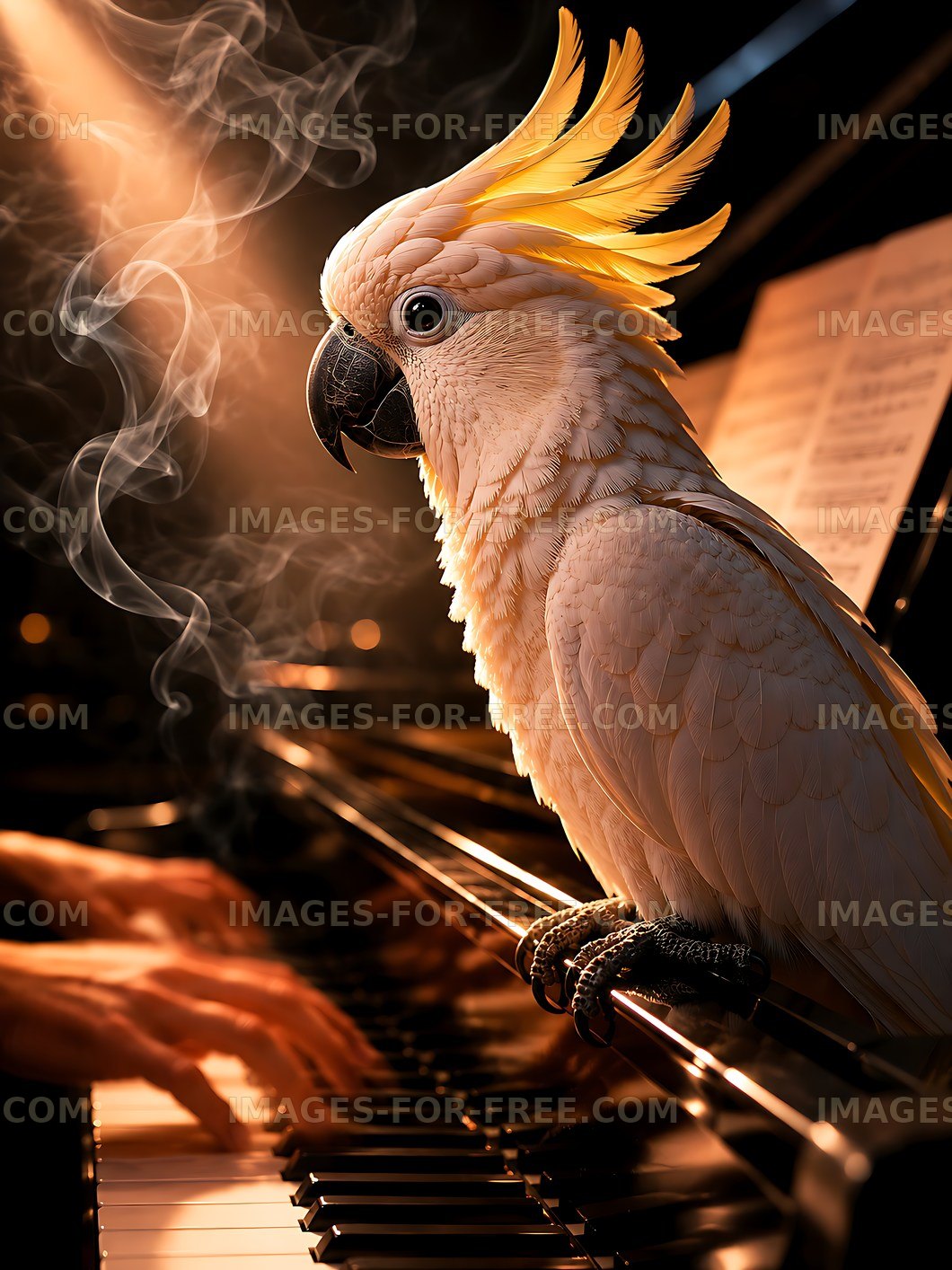 Parrot perched on piano with smoke and music sheets nearby