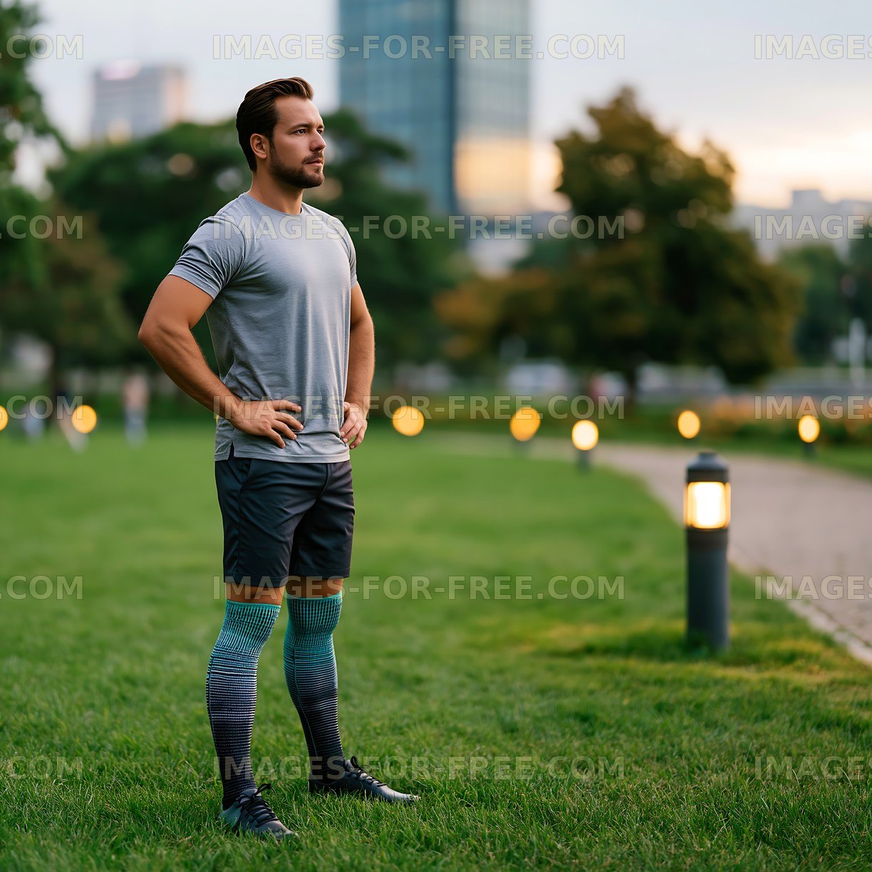 Man standing in park during early morning or late afternoon