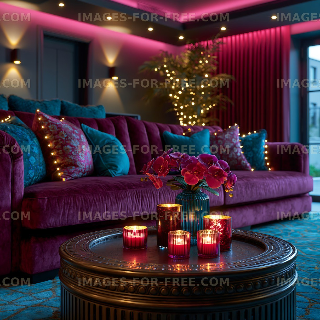 Cozy living room with colorful candles and decorative cushions