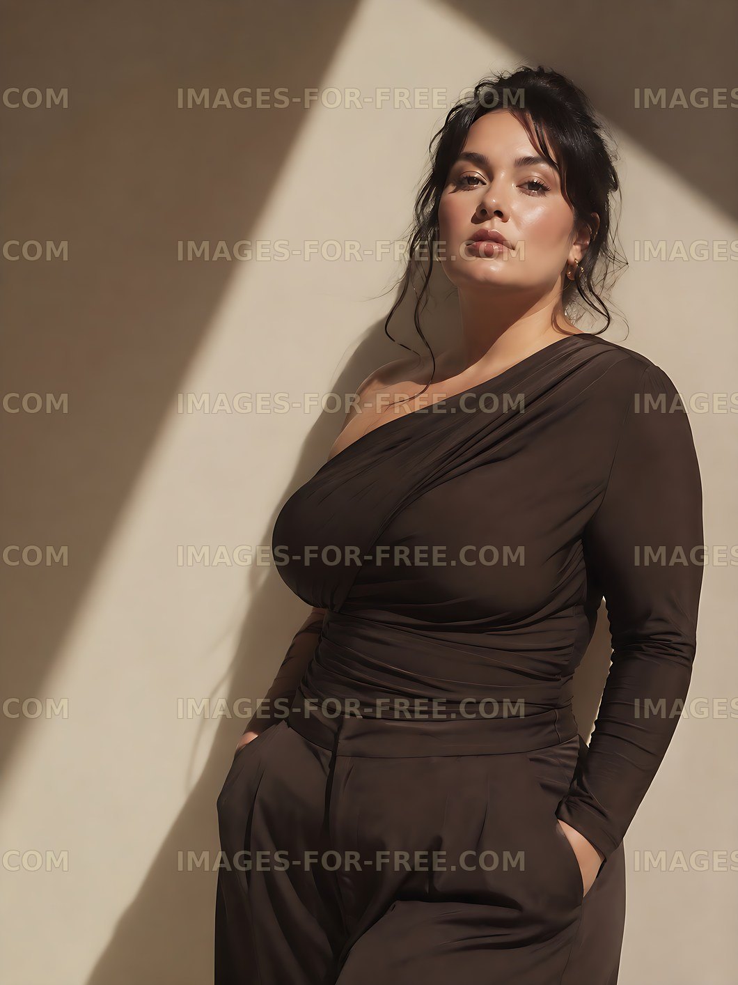 Woman posing in a brown outfit against a beige wall