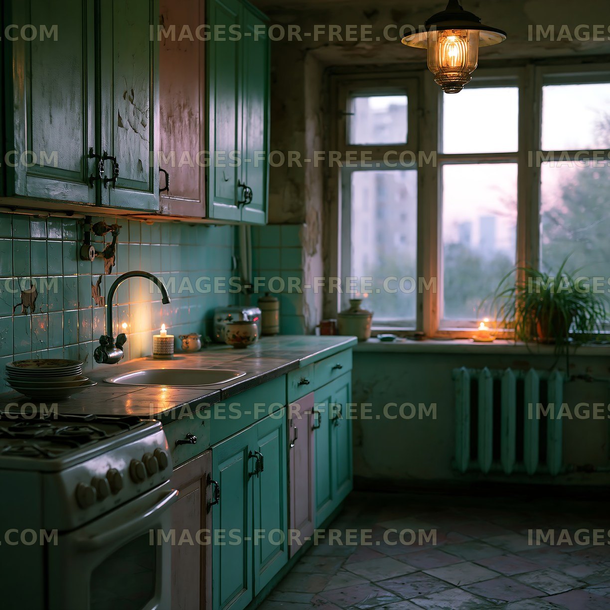 Cozy kitchen with teal cabinets and warm evening lighting