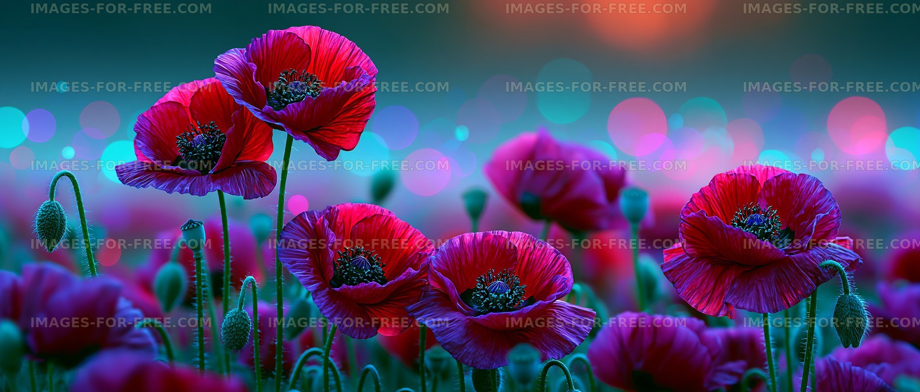 Vibrant red poppies blooming in a colorful field at dusk