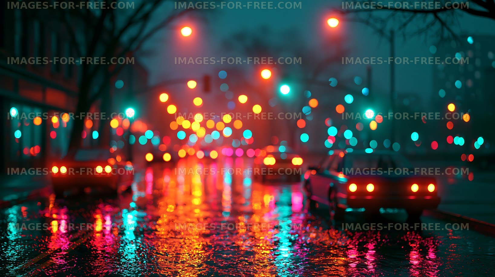 Rainy night street with colorful lights and reflections