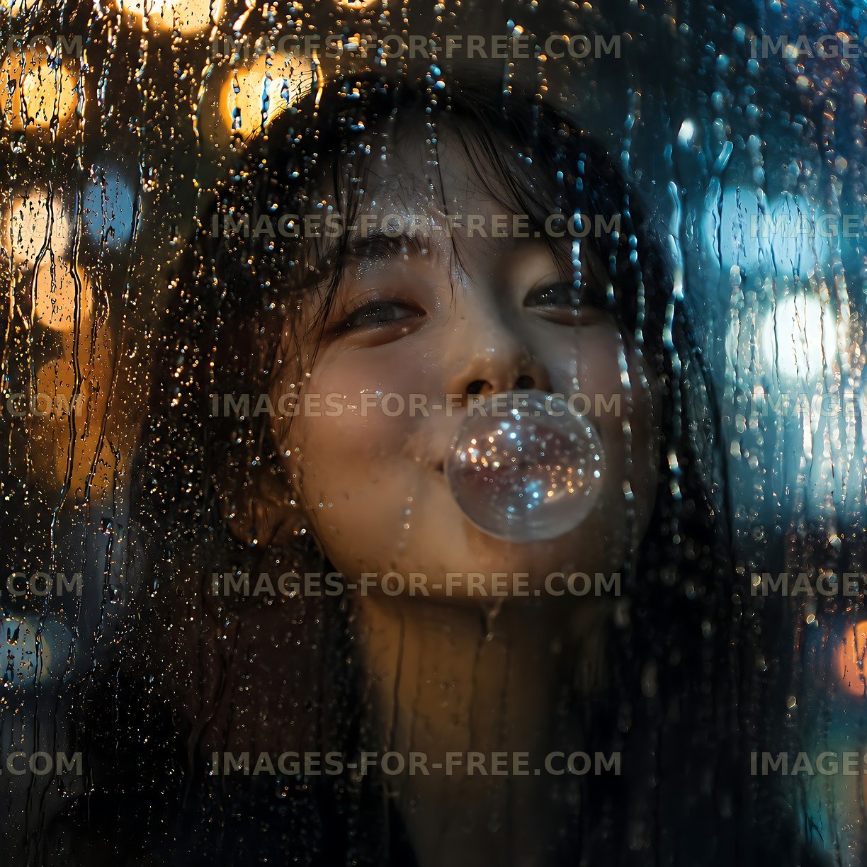 Young woman blowing bubble gum behind a rain-covered window