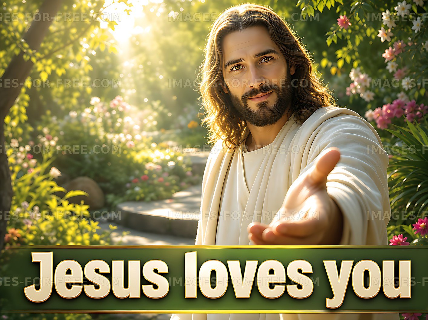 Jesus offers love and support in a garden setting