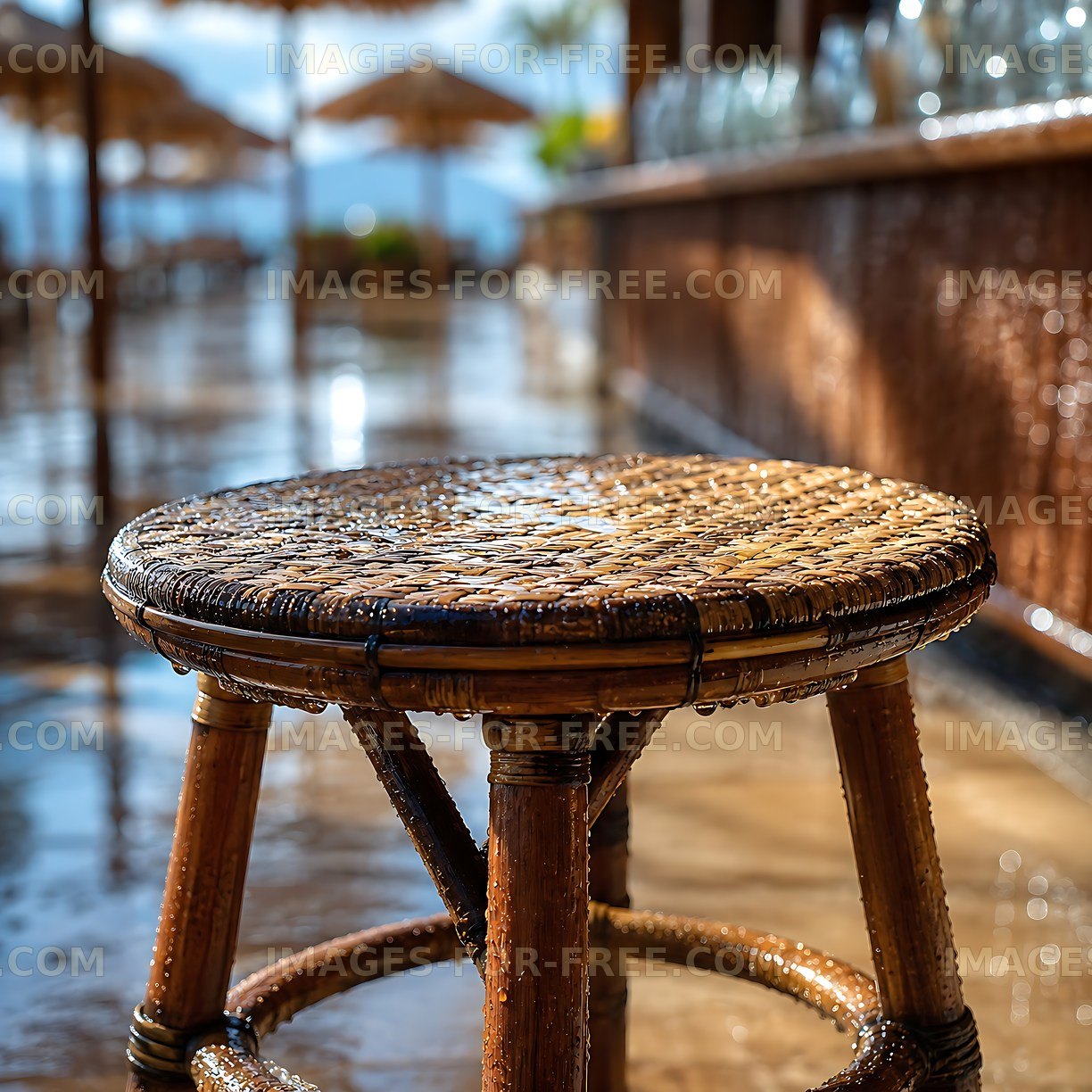 Wet bamboo stool at a beach bar on a sunny day