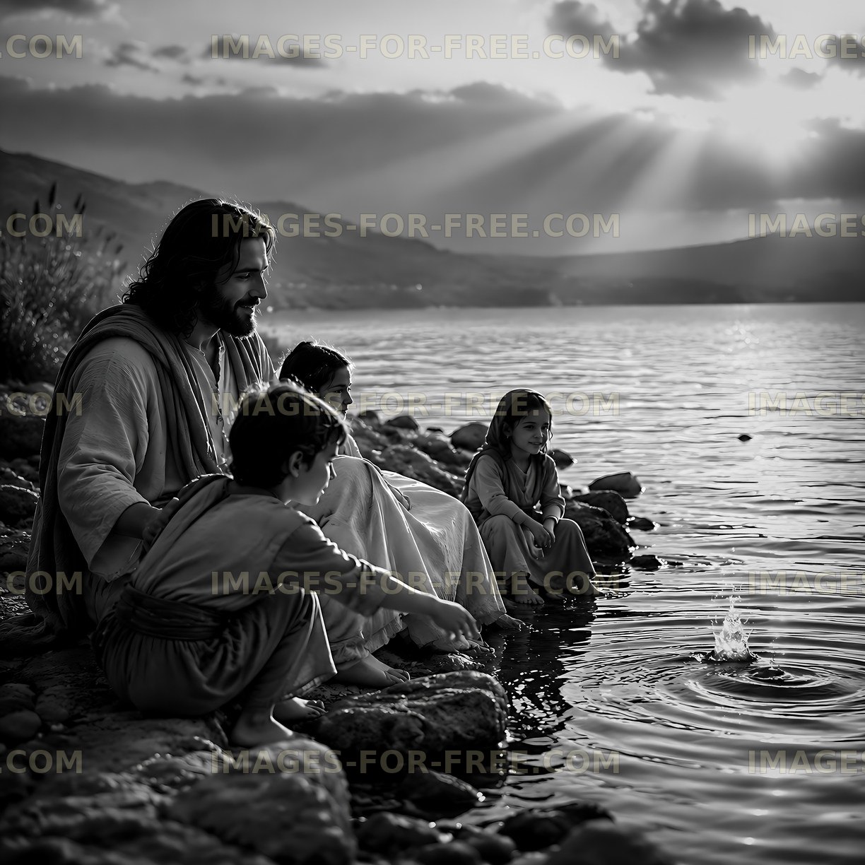 Children playing by the water with an adult in black and white