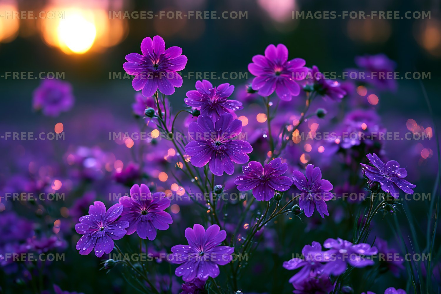 Vibrant purple flowers with sunlight in the background