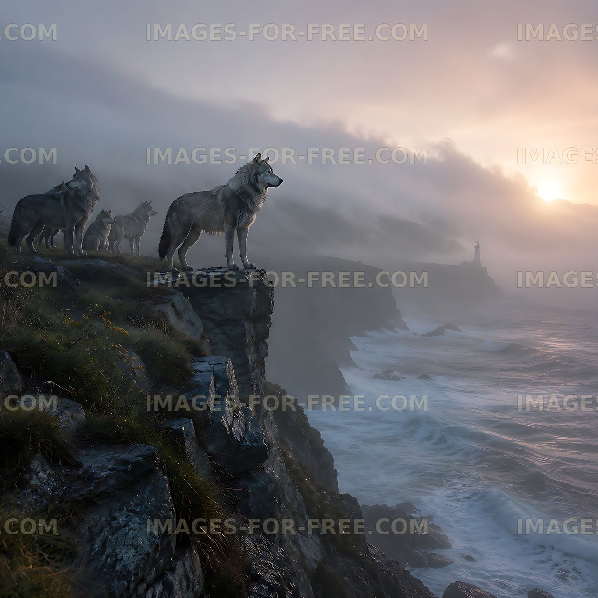 Wolves on a cliff during sunset near the ocean