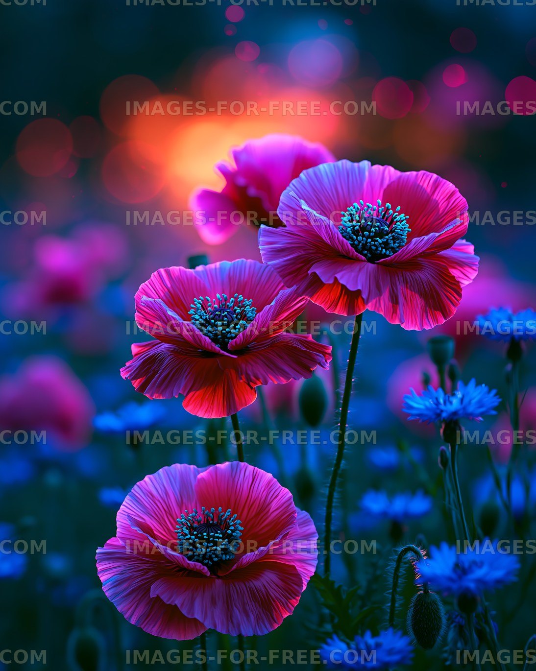 Colorful poppy flowers in a garden at sunset