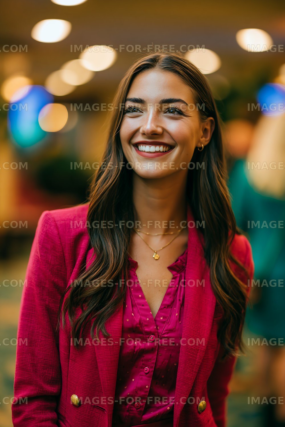 Smiling woman wearing pink outfit in indoor setting