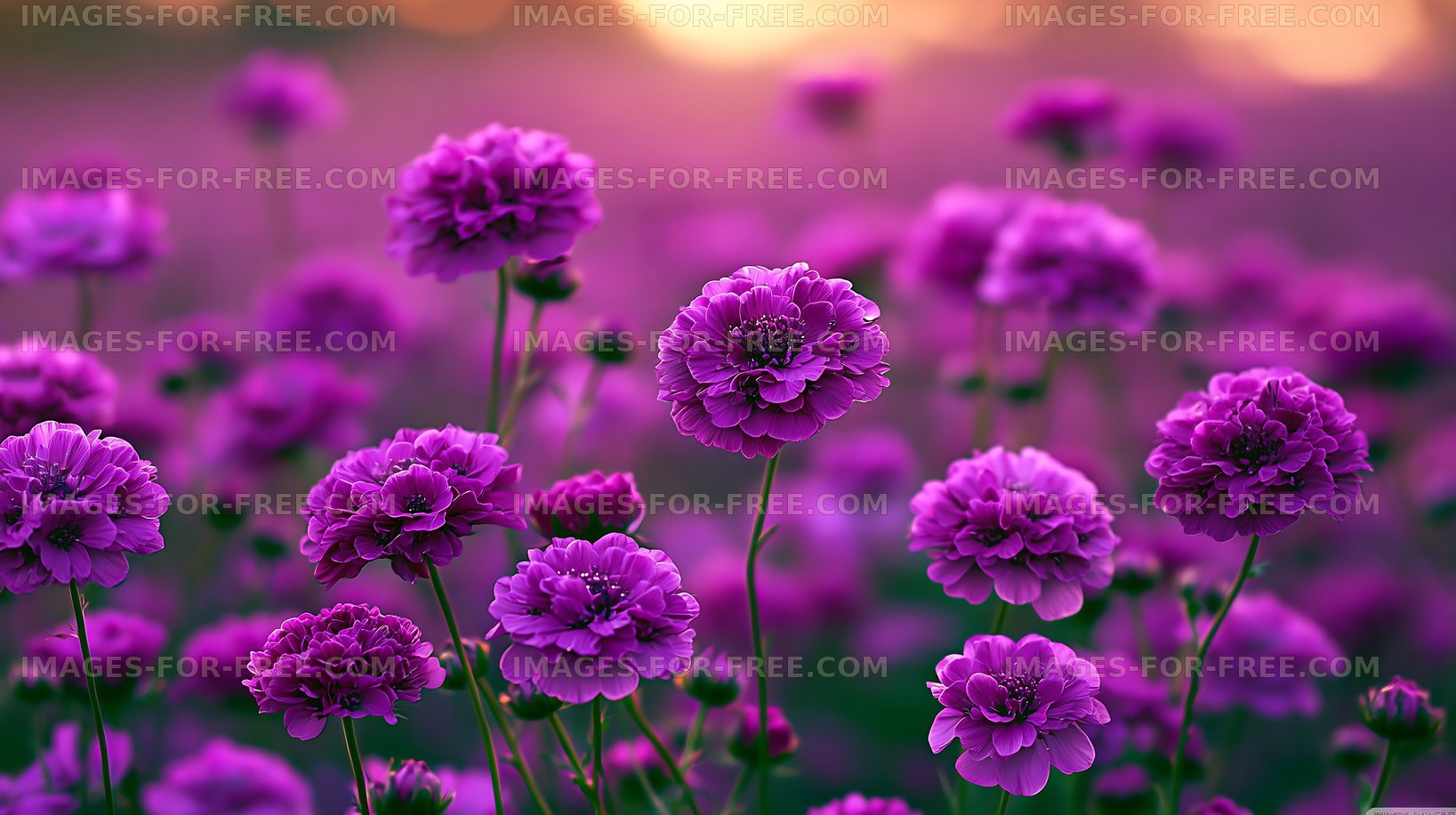 Purple flowers bloom in a vibrant field during sunset