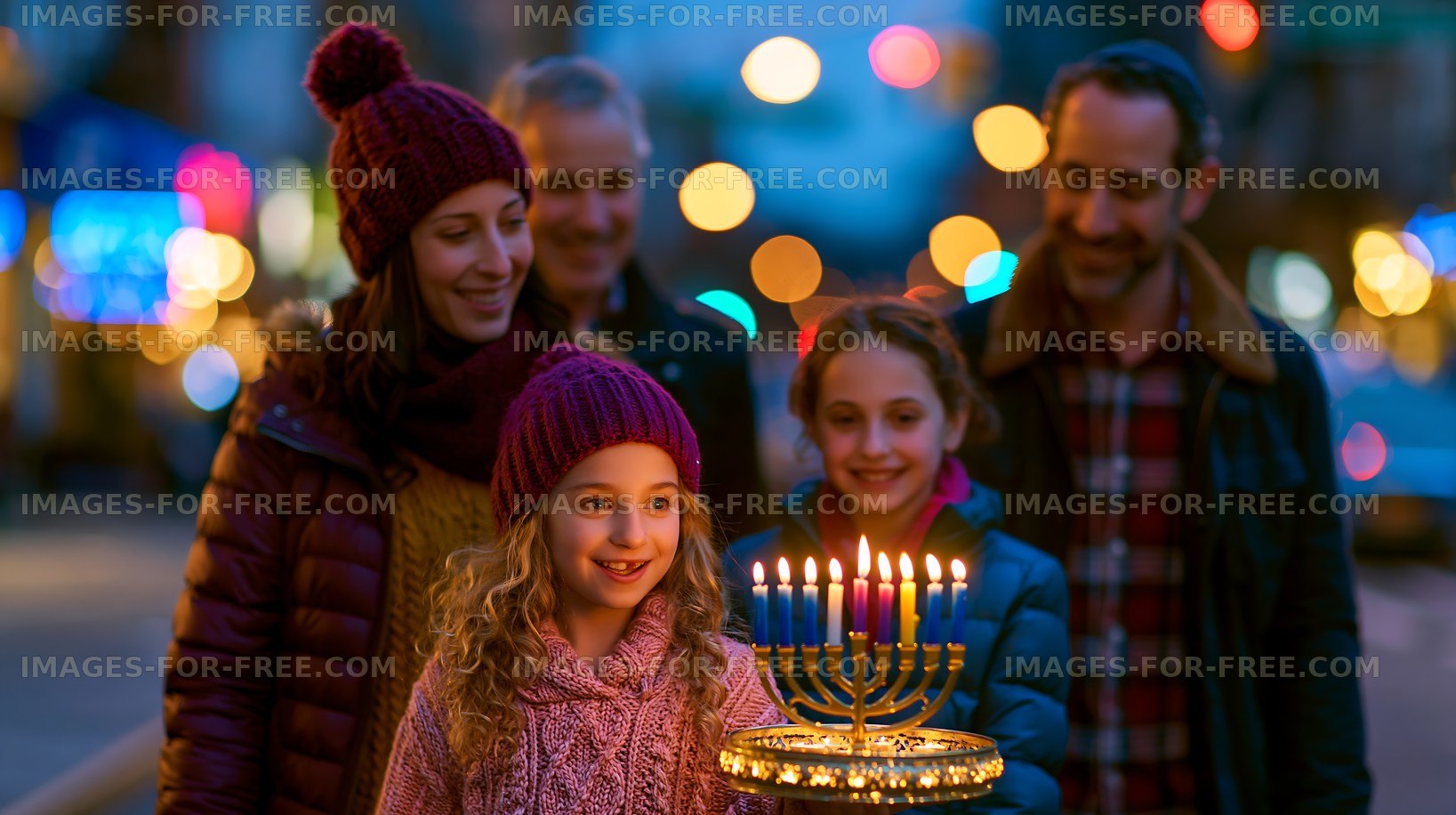 Family celebrates Hanukkah with menorah in city street
