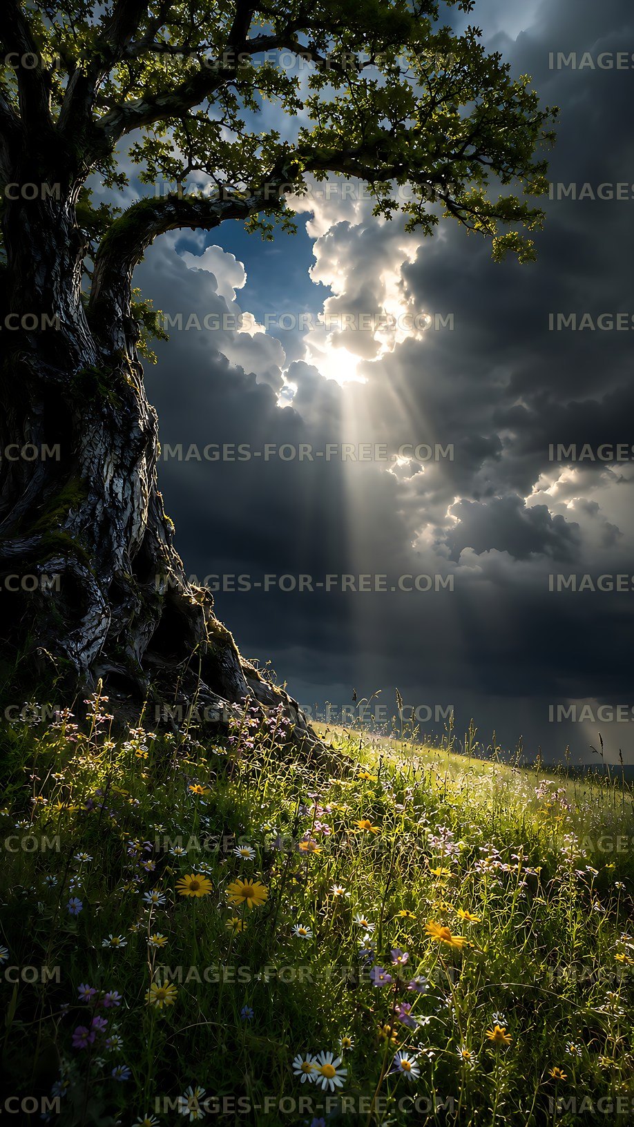 Sunlight breaking through clouds over tree in field