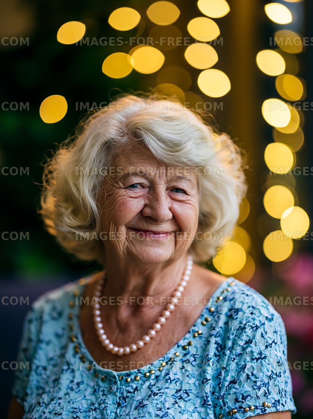 Older woman smiling with lights in the background