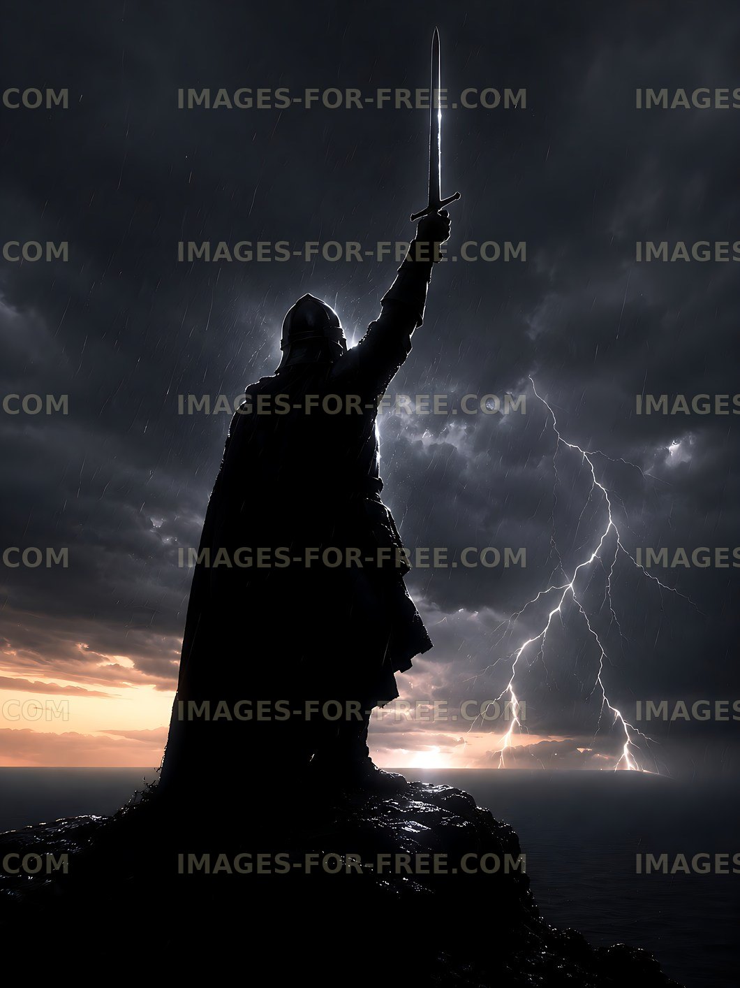 Warrior silhouette holding sword against stormy sky