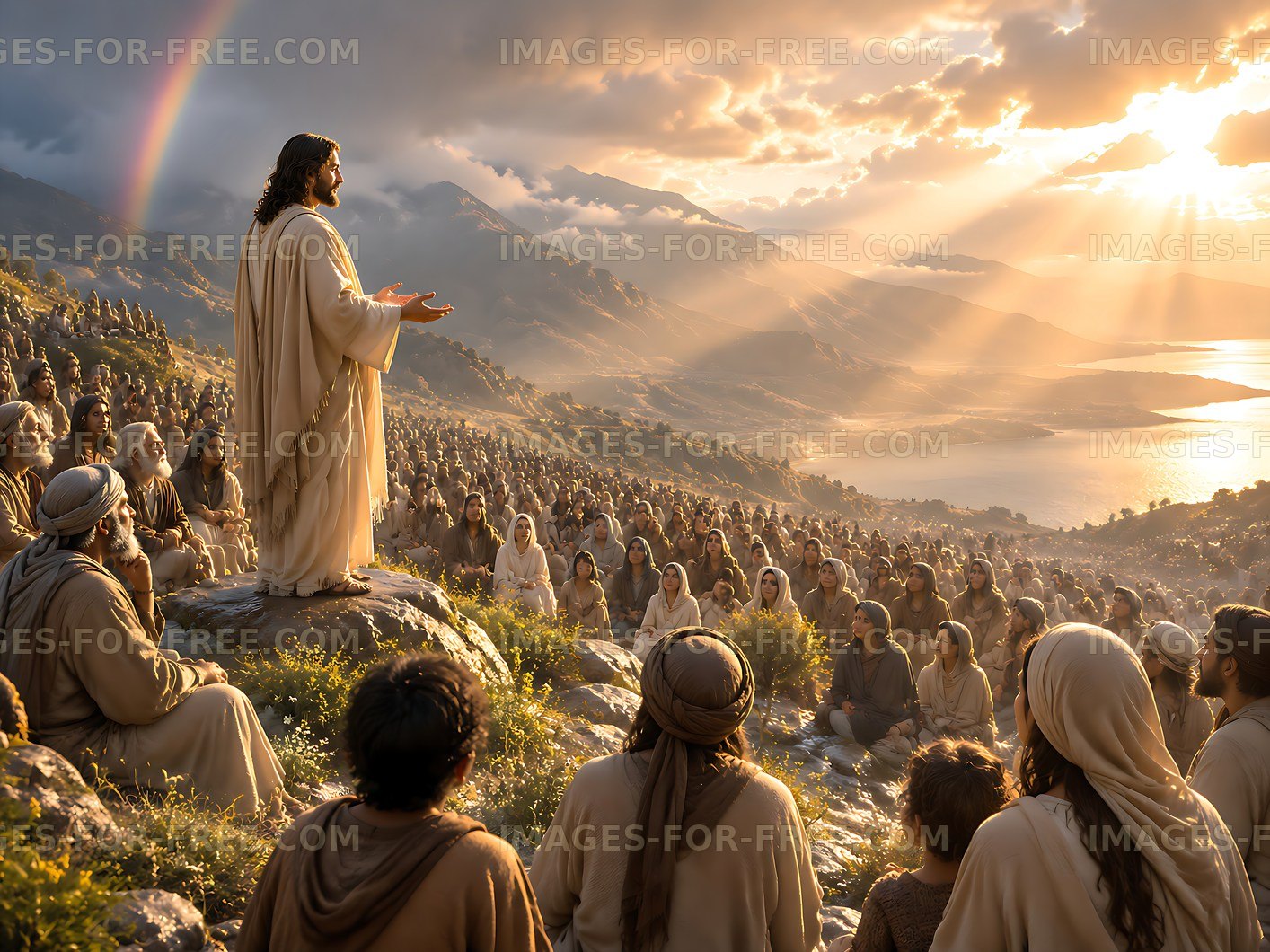 People gather on a hillside to listen to Jesus during sunset