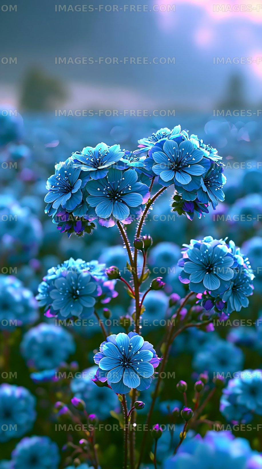 Blue flowers blooming in a vast field under soft light