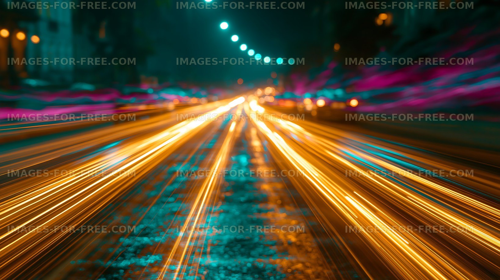 Nighttime urban street with light trails from moving vehicles