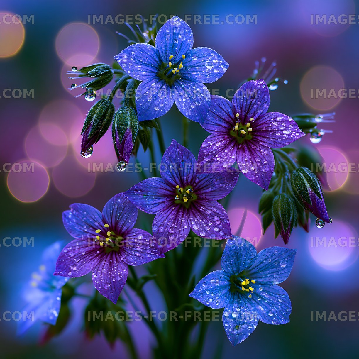Colorful flowers with dew drops on blurred background