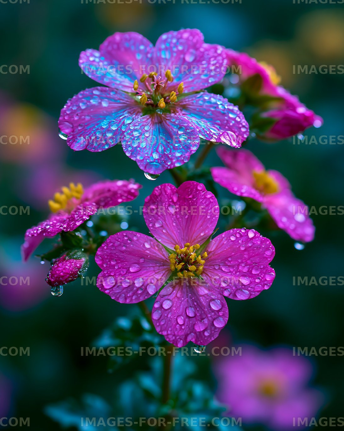 Pink flowers with raindrops in a garden setting